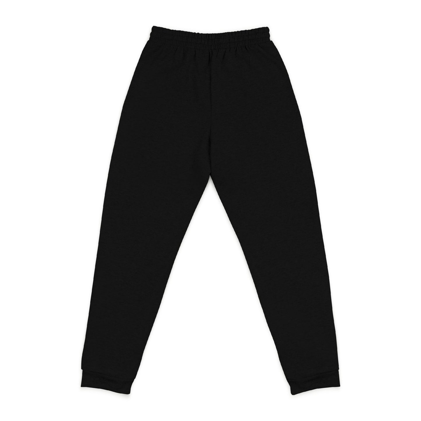 Back view of tapered black unisex joggers with ergonomic fit