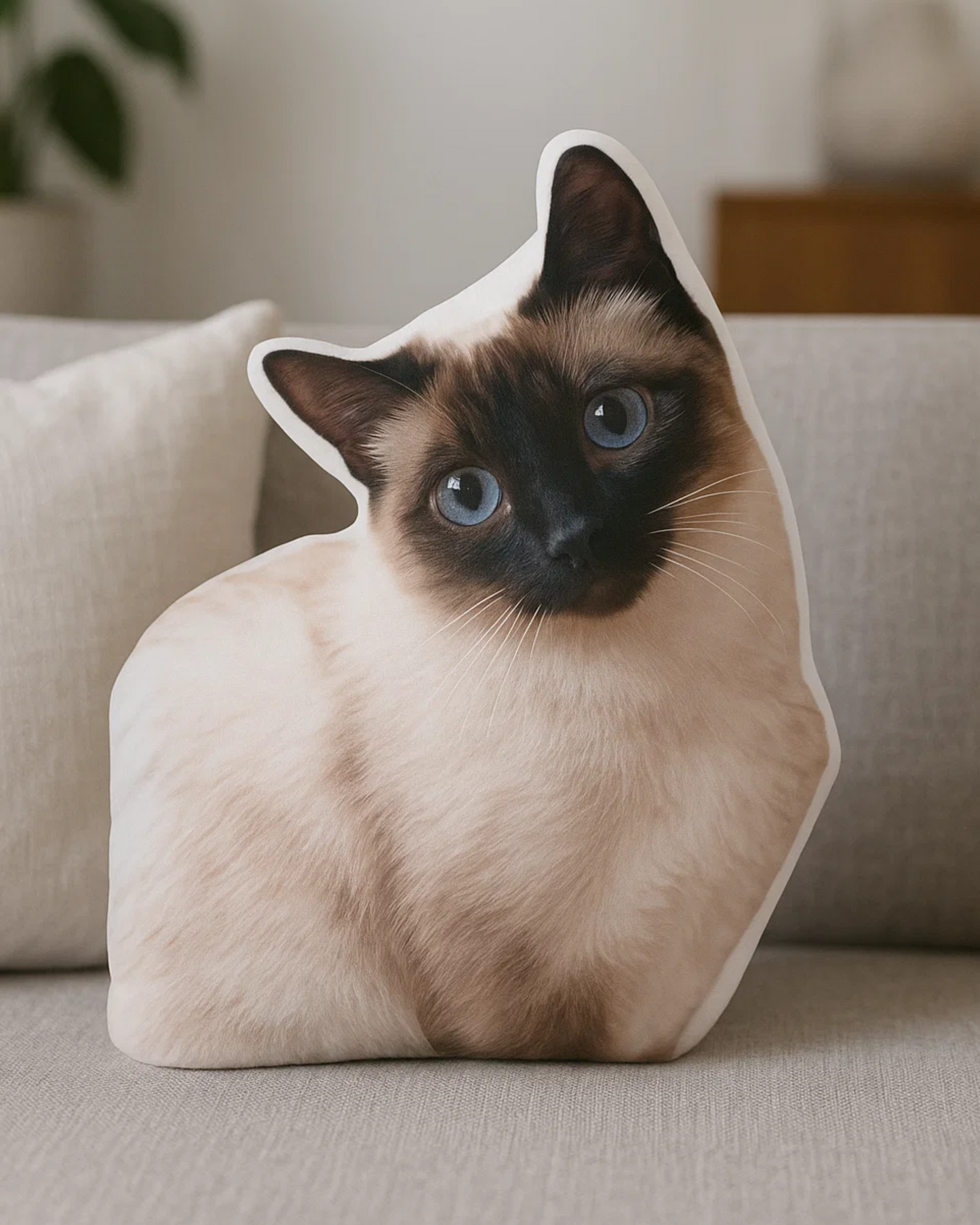 Personalized cat pillow on cozy bed