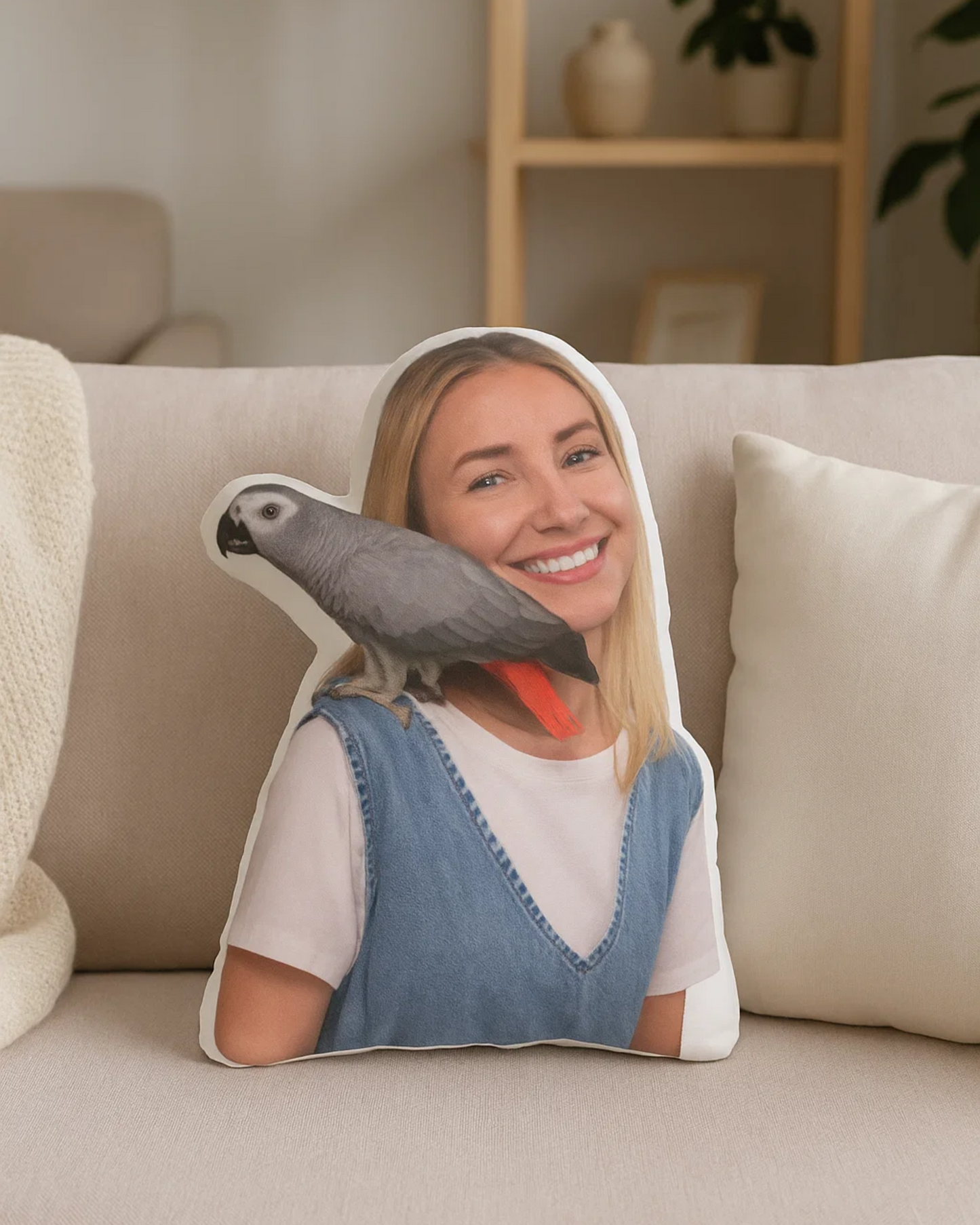 Custom-shaped bird pillow made from a bird photo