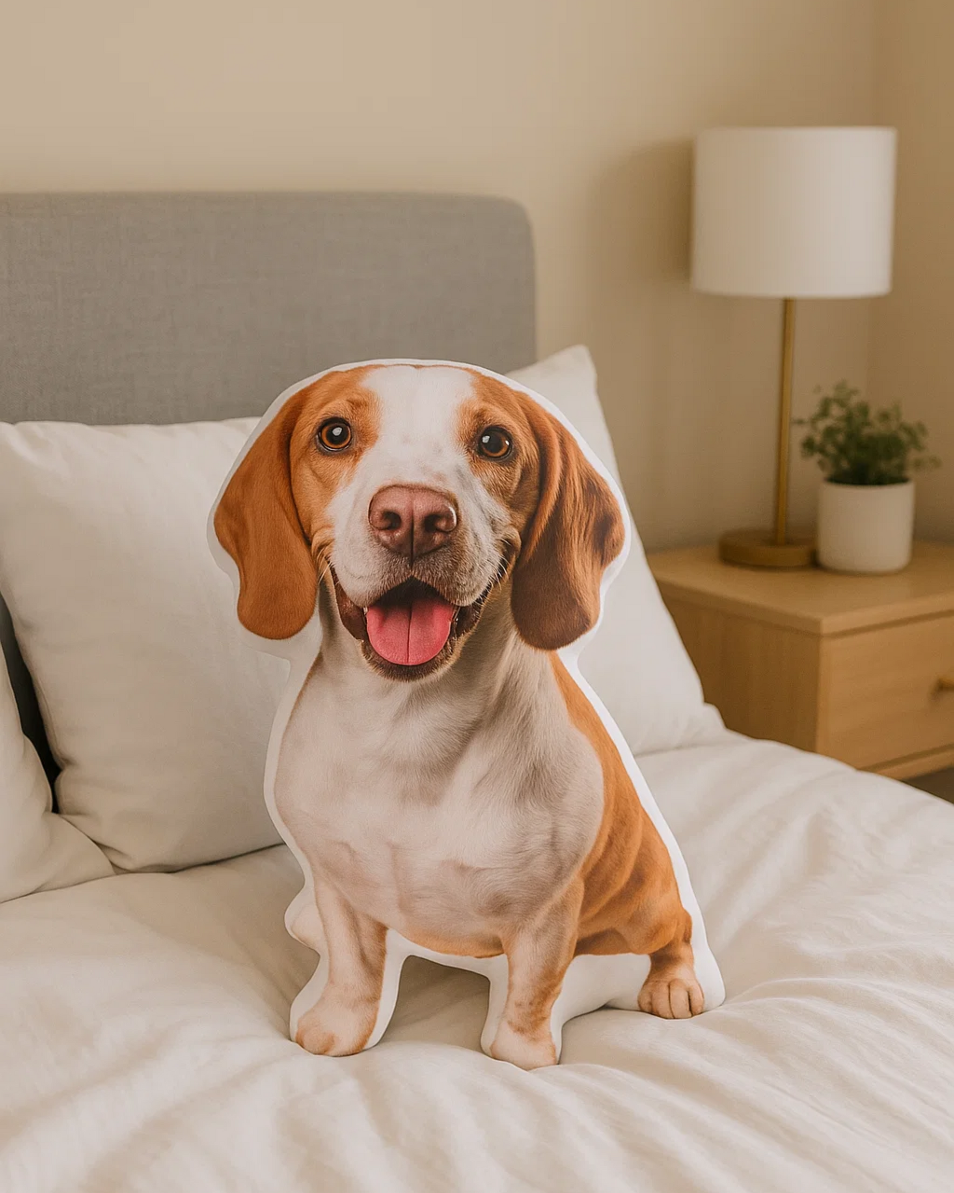 Custom-shaped pet pillow made from a dog photo