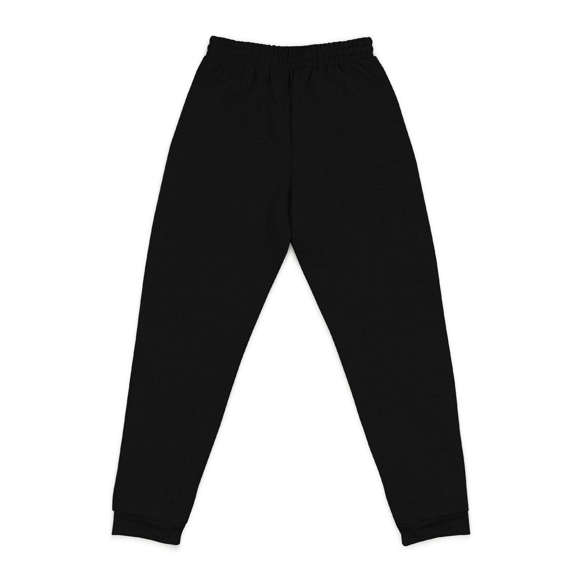 Back view of tapered black unisex joggers with ergonomic fit